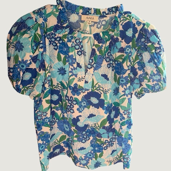 Avara Tops - Avara Blue Floral Ruffle Neck Puff Sleeve Blouse Small